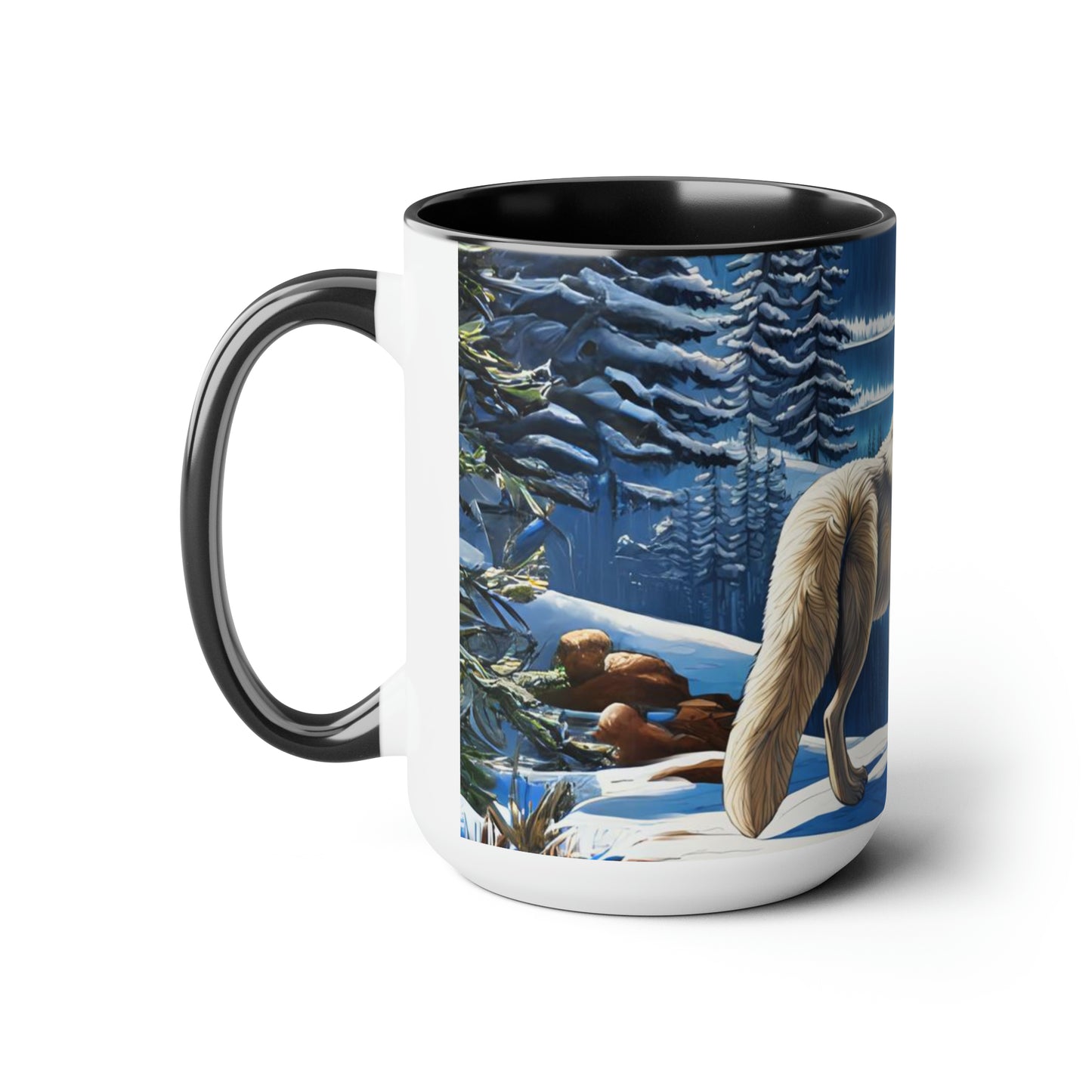 Wolves dancing into winter snow 15 oz mug