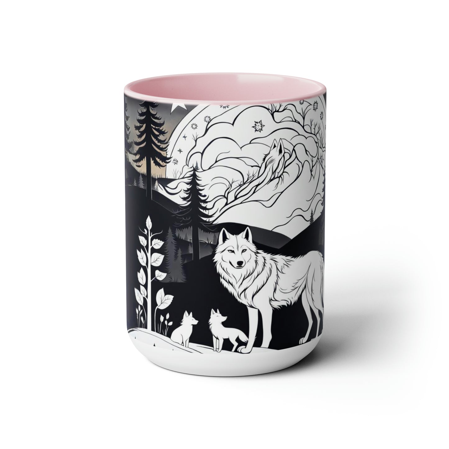 Black and white wolves in the night time 15 oz  ceramic mug