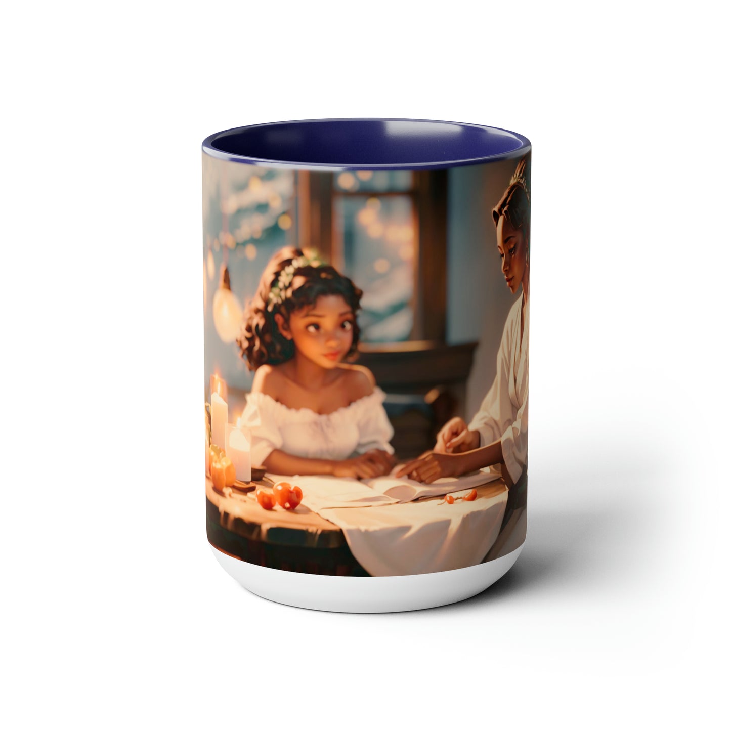 Mother and daughter Christmas time sitting at the table 15 oz Ceramic mug