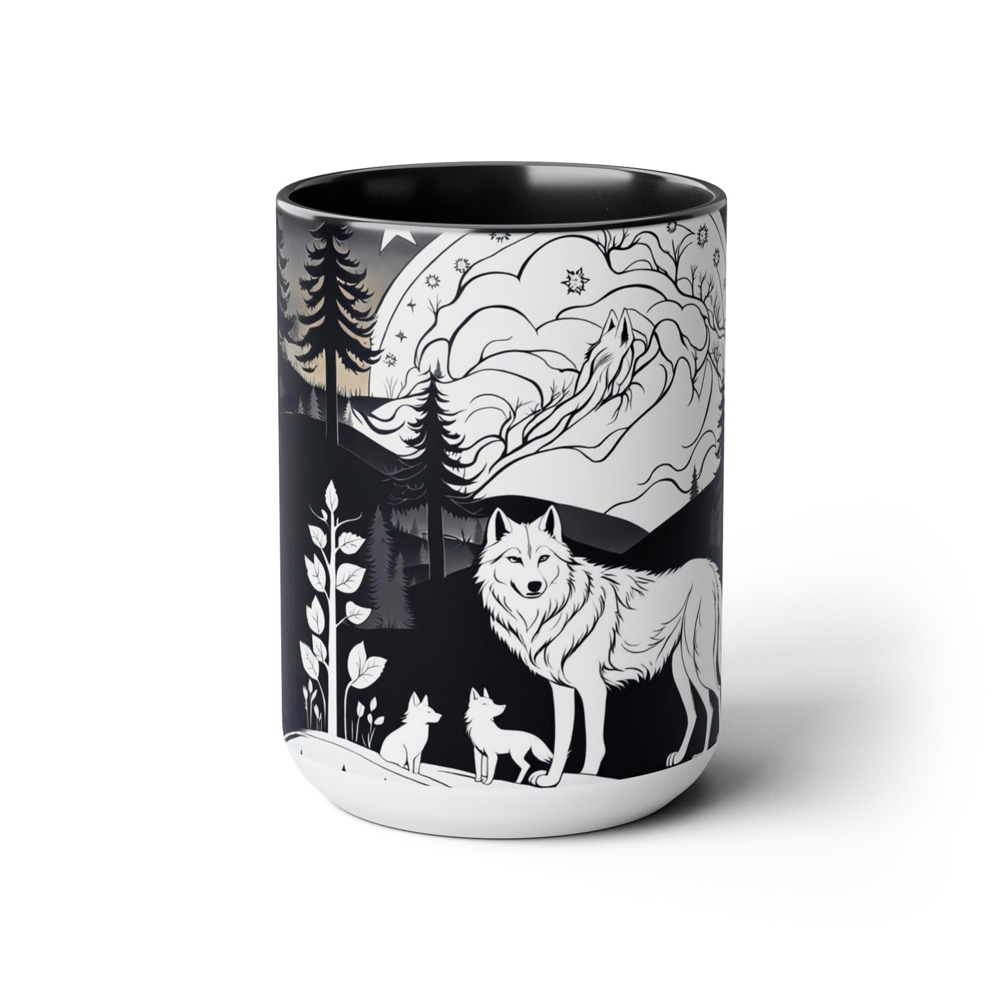 Black and white wolves in the night time 15 oz  ceramic mug