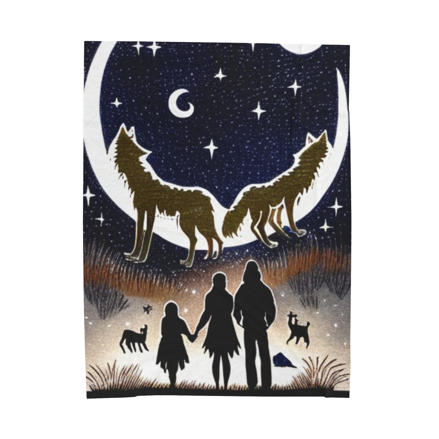 two wolves howling under a crescent moon Velveteen Plush Blanket