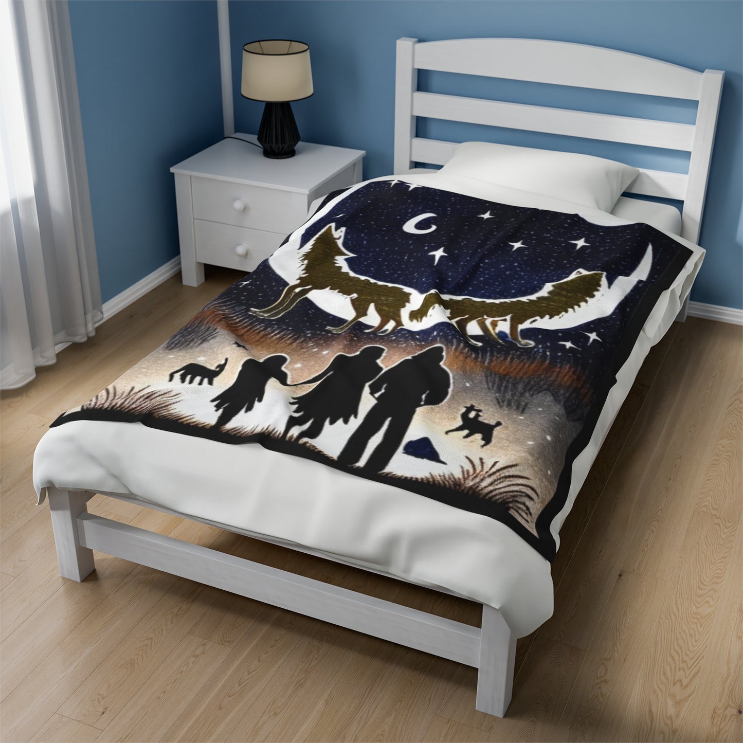 two wolves howling under a crescent moon Velveteen Plush Blanket