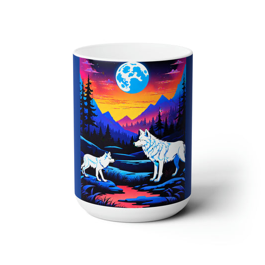 Neon Wolves at night Ceramic Mug 15 oz