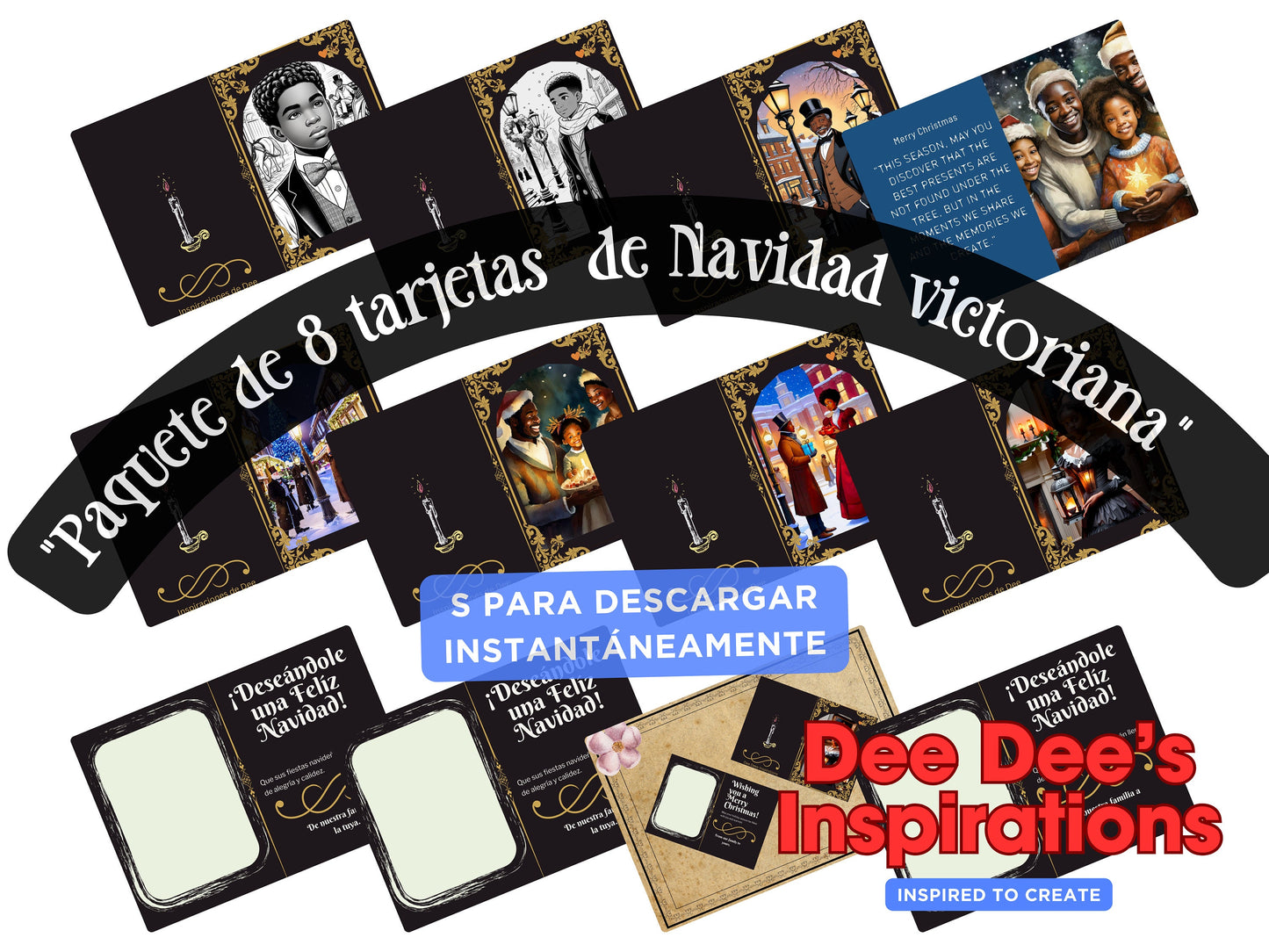 8 Tarjetas Navideñas Victorianas - Saludos Festivos Hechos a Mano - Diseños Festivos - Descargas Digitales 5x7