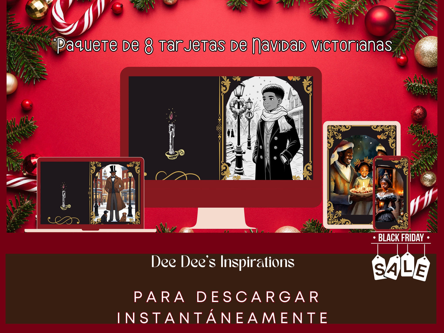 8 Tarjetas Navideñas Victorianas - Saludos Festivos Hechos a Mano - Diseños Festivos - Descargas Digitales 5x7