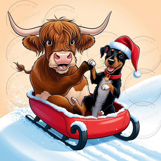 Buddy the Dog and Highland Cow Friends Digital Art Christmas Dog Digital Card Collection